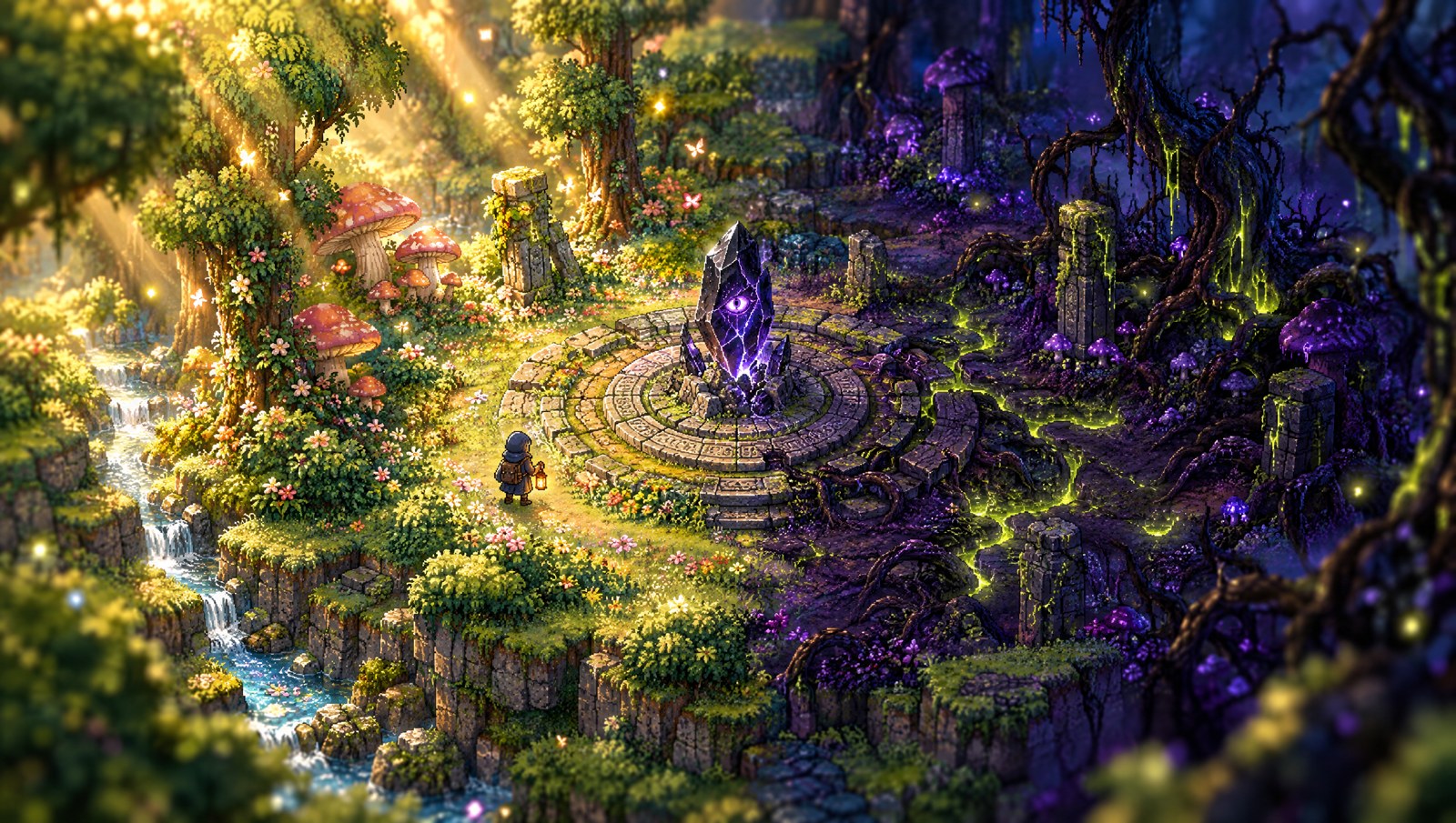 An enchanted forest divided between golden flowers and violet corruption, with an eye inside a gem on a stone shrine.